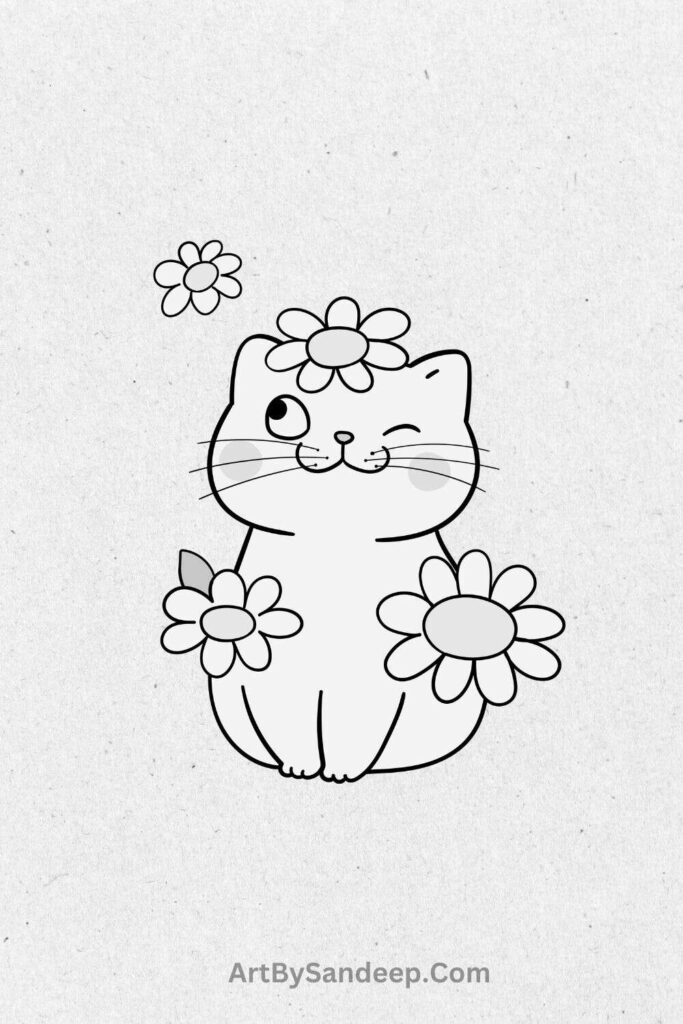 cute cat drawing with flowers