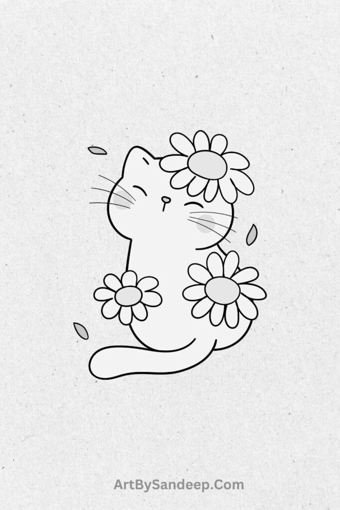 cute cat with flowers drawing