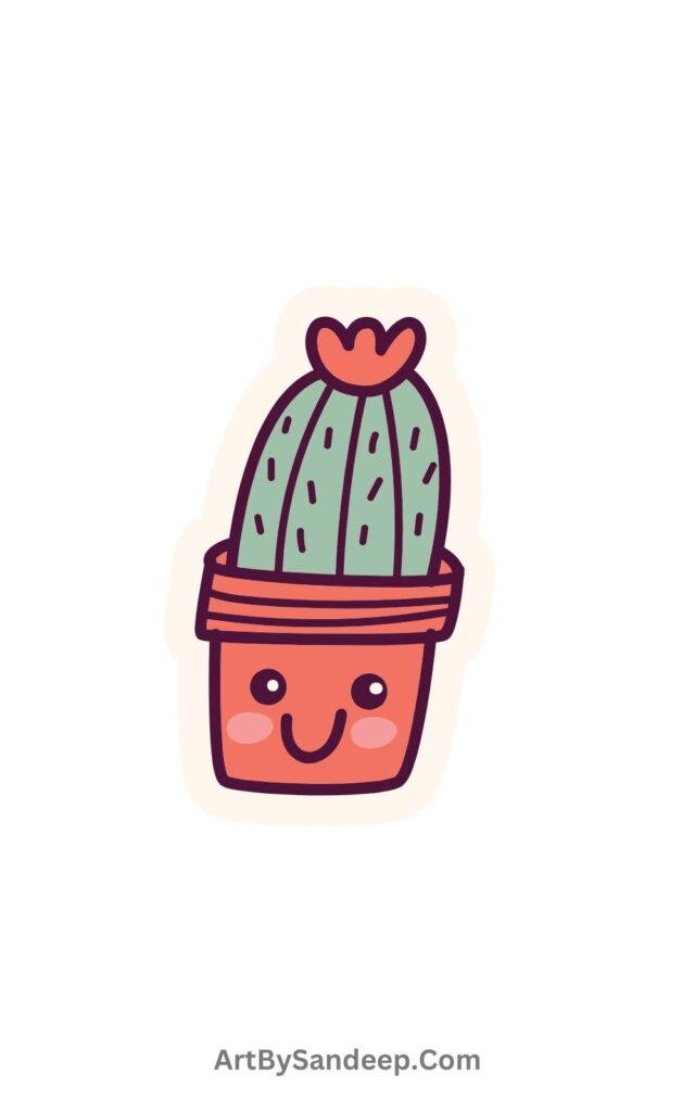 Cute Cactus With Pot Drawing